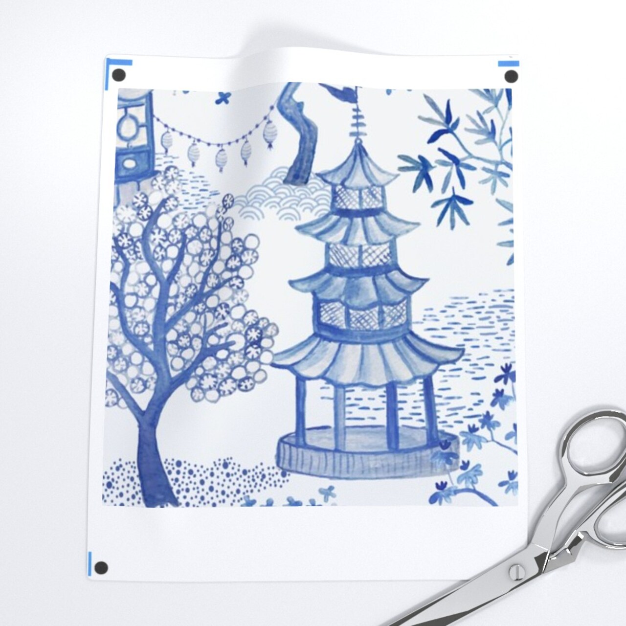 Chinoiserie Blue White Toile Pagoda Landscape And Asian Art Custom Printed Fabric by Spoonflower Various Fabrics by the Yard or Fat Quarter